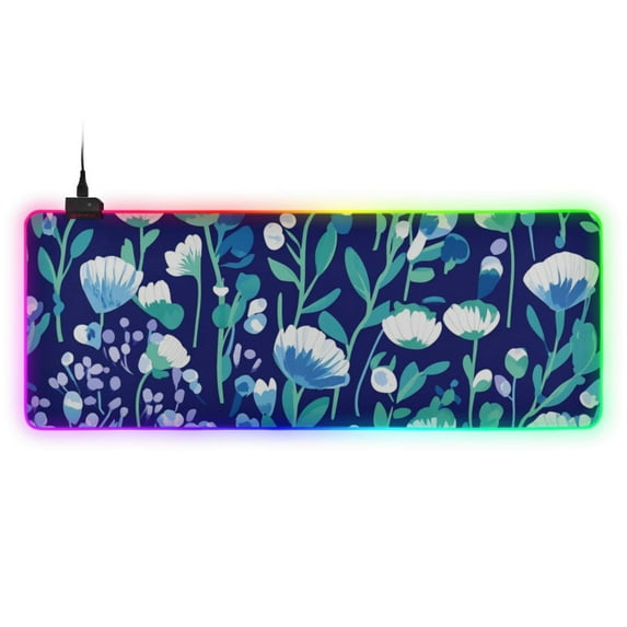 Floral Print on Dark Blue Background RGB Gaming Mouse Pad Large Keyboard Mat Rubber Base 13 Light Modes