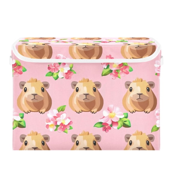 Floral Print with Cute Groundhog Large Storage Bins with Linen Collapsible Lid Storage Box 16.7 x 12.6 x 11.8in