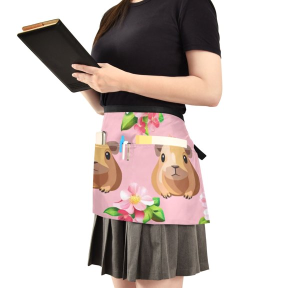 Floral Print with Cute Groundhog Server Apron with 3 Pockets Waist Apron for Waiter Waitress