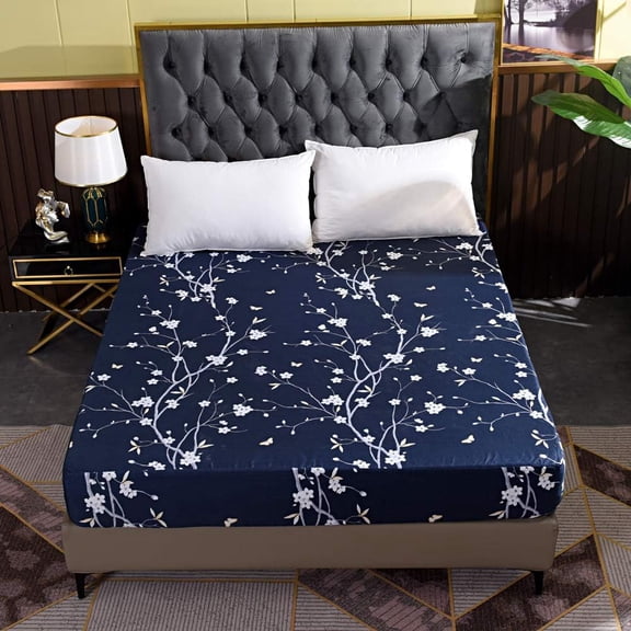 Floral Printed Bed Fitted Sheets, Deep Pocket Mattress Cover (Navy Blue, Full)