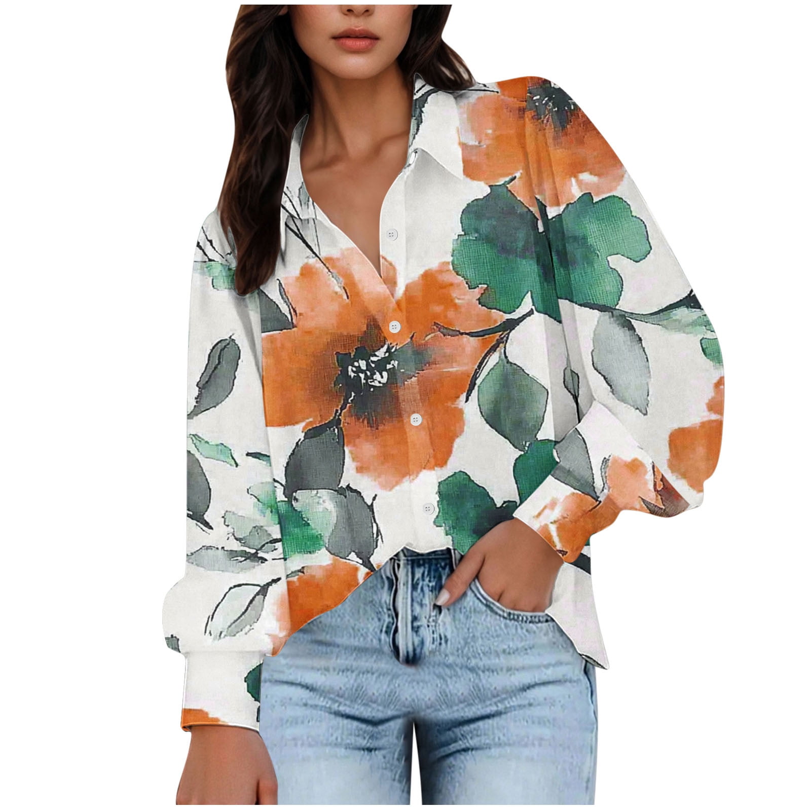 Women's Long Sleeve Floral Print Blouse – V Neck Button Down Shirt, Loose Fit Casual & Work Top