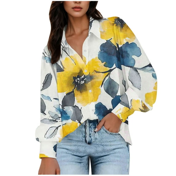 Floral Printed Button Down Shirts for Women Dressy Long Sleeve V Neck Blouse Business Casual Work Tops