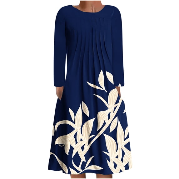 Floral Printed Casual Dress for Women Crewneck Long Sleeve Swing Pleated Midi Dress Beach Party Sundress with Pockets