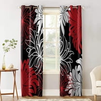 Floral Printed Chrysanthemum Flower Red Black White Thermal Insulated Drapes, Blackout Curtains, For Bedroom Living Room Door Decor 38"W x 54"L (Pack of 2)