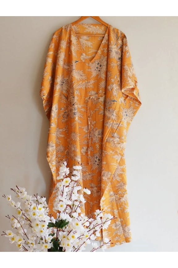 Floral Printed Cotton Fabric Indian Kaftan Dress Long Top Caftan, Dress Beach Wear Cover up, Printed Sleepwear Maxi Dress Boho Kimono Robe