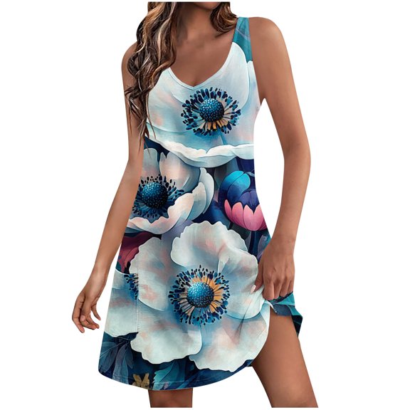 Floral Printed Funny Mini Dress for Women Crewneck Casual Spring Summer Beach Sundress V-neck Sleeveless Tank Dresses