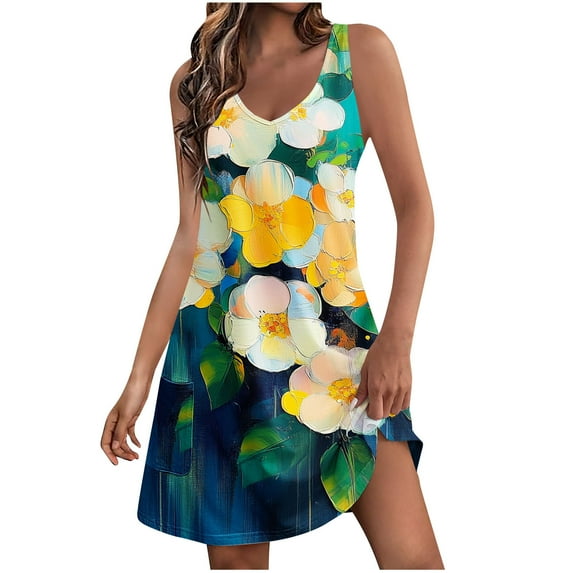 Floral Printed Funny Mini Dress for Women Crewneck Casual Spring Summer Beach Sundress V-neck Sleeveless Tank Dresses