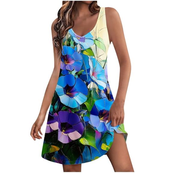 Floral Printed Funny Mini Dress for Women Crewneck Casual Spring Summer Beach Sundress V-neck Sleeveless Tank Dresses