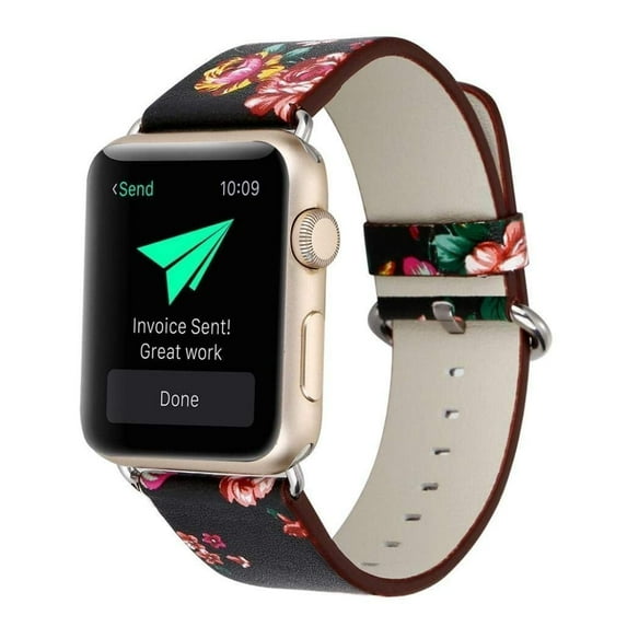 Floral Printed Leather Compatible for Apple Watch Band Series 3 4 5 6 7 8 9 42/44/45/49mm Wrist Watch Bracelet (Black+Red Flower)