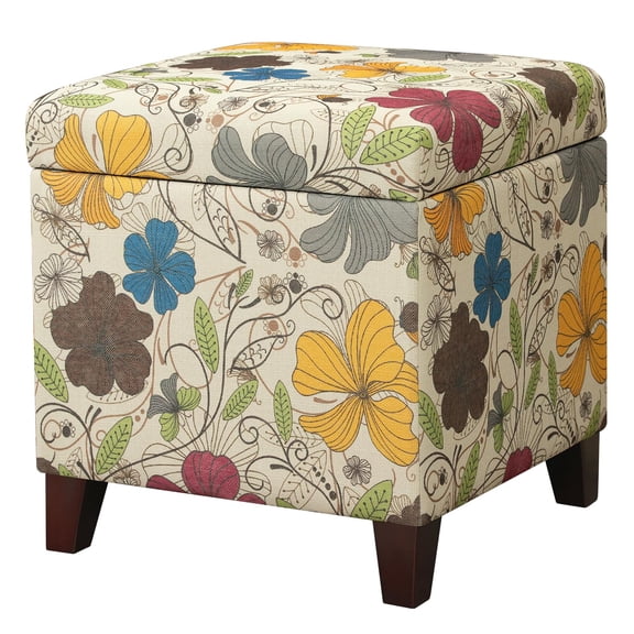 Floral Printed Linen Ottoman with Storage, Square Foot Stool, Wood Legs 1 Pack