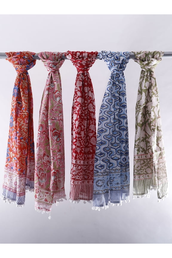 Floral Printed Lot of Five Pure Cotton Scarves with Pom-Poms