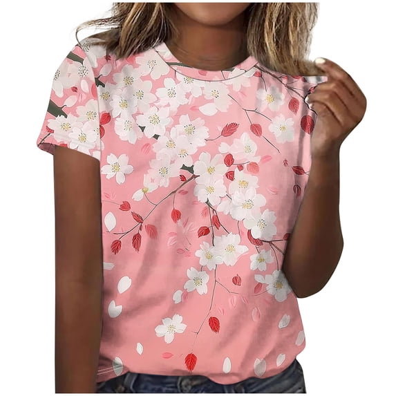Floral Printed Plus Size Shirts for Women 2025 Casual Crew Neck T-shirt Cute Trendy Short Sleeve Tees for Teen Girls
