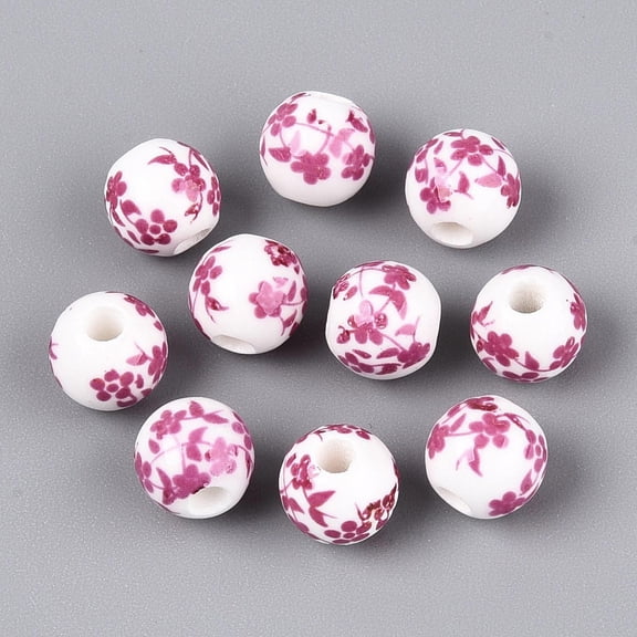 Floral Printed Porcelain Beads Flower Patterned Ceramic Beads Round Pearl Pink 8mm Hole: 2mm