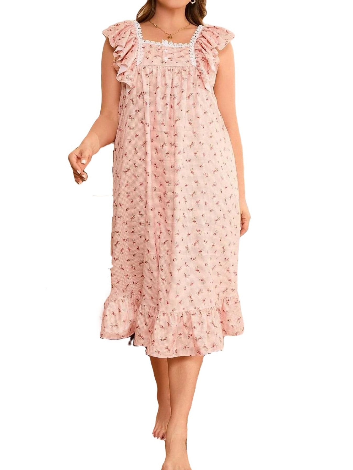 Floral Printed Square Neck Nightgowns Sleeveless Dusty Pink Plus Size