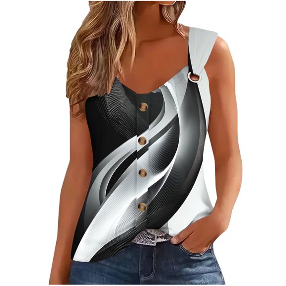 Floral Printed Tank Tops Womens 5 Button up Shirt Sleeveless O-ring Straps V Neck Summer Vest Tees Blouses Loose Fit (L, Black 02)