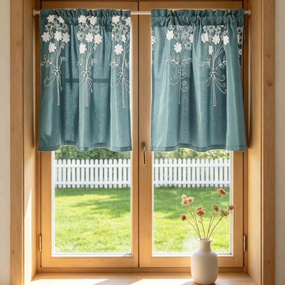 Floral Printed Tier Curtains Set of 2 15.75W x 17.72H Inch Rod Pocket Light Filtering Semi Sheer Curtains For Kitchen Bathroom