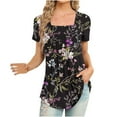 thumbnail image 1 of Floral Printed Tops for Women Square Neck Pleated Short Sleeve Shirts Summer Fashion Casual Loose Fit Blouses (2XL, Black), 1 of 5