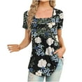 thumbnail image 1 of Floral Printed Tops for Women Square Neck Pleated Short Sleeve Shirts Summer Fashion Casual Loose Fit Blouses (M, Blue), 1 of 5