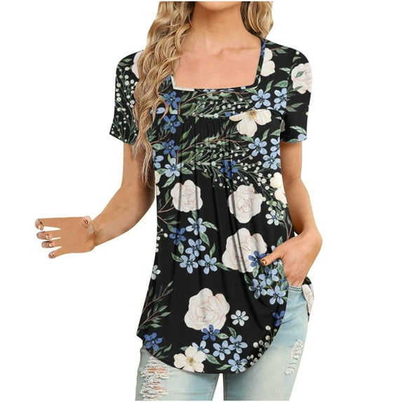Floral Printed Tops for Women Square Neck Pleated Short Sleeve Shirts Summer Fashion Casual Loose Fit Blouses (M, Blue)