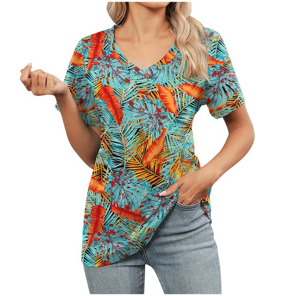 Floral Printed Tops for Women V Neck Short Sleeve Shirts Summer Fashion Casual Pullover Loose Fit Blouses (L, Multicolor)