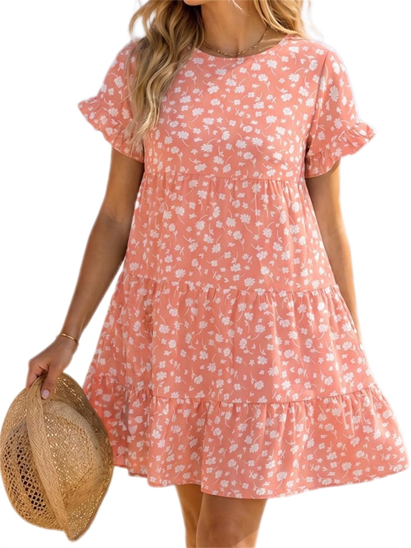 Floral Printed Womens Ruffles Boho Babydoll Loose Swing Casual Short Mini T-Shirt Dress