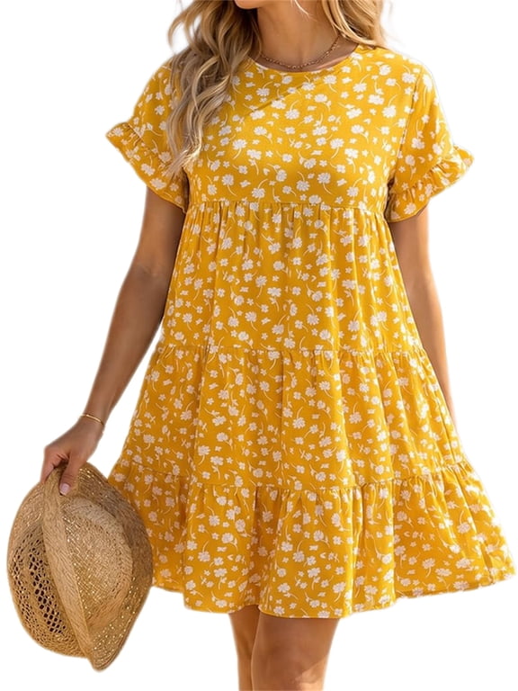 Floral Printed Womens Ruffles Boho Babydoll Loose Swing Casual Short Mini T-Shirt Dress