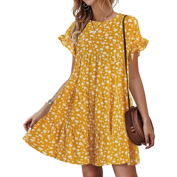 Floral Printed Womens Ruffles Boho Babydoll Loose Swing Casual Short Mini T-Shirt Dress