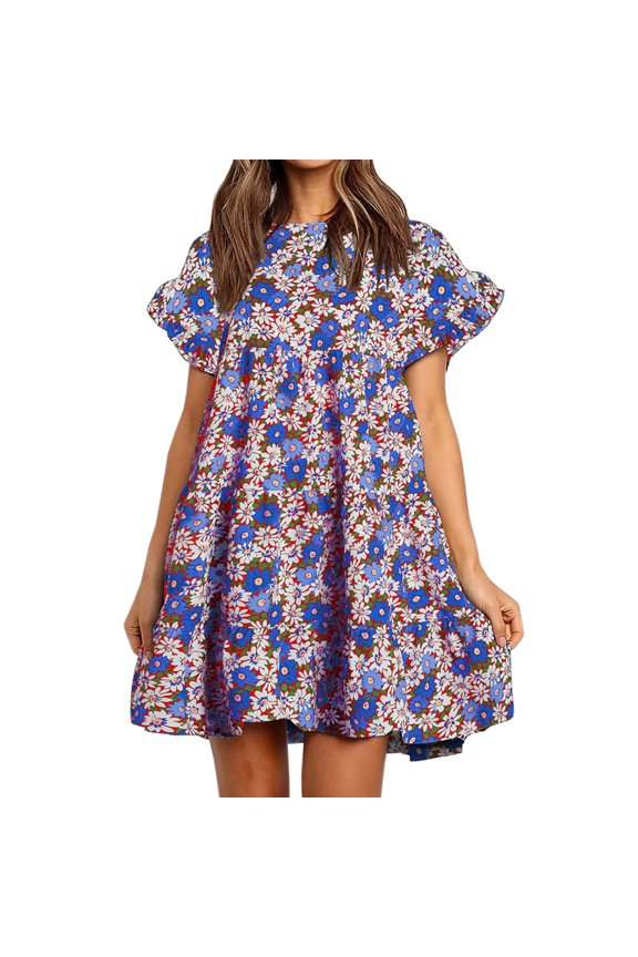 Floral Printed Womens Ruffles Boho Babydoll Loose Swing Casual Short Mini T-Shirt Dress