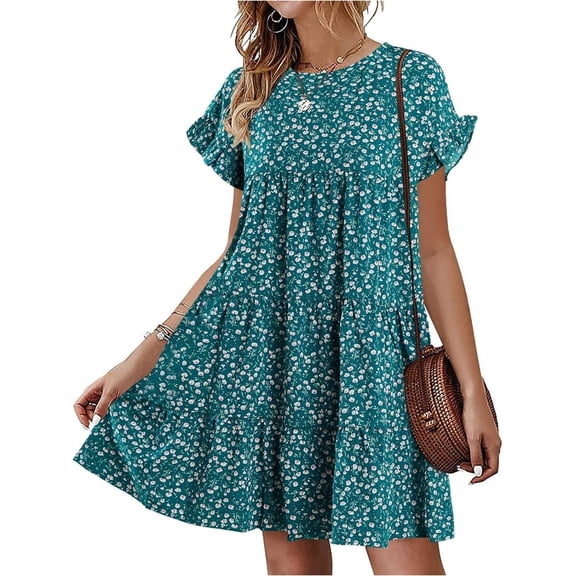 Floral Printed Womens Ruffles Boho Babydoll Loose Swing Casual Short Mini T-Shirt Dress