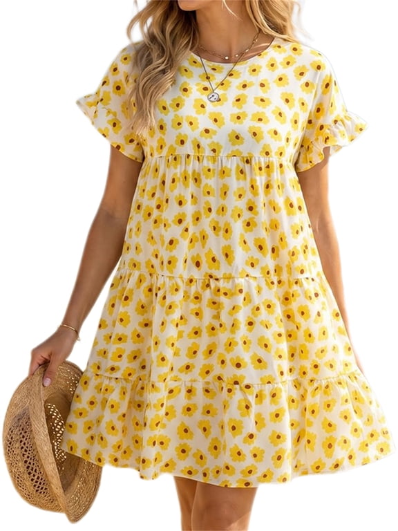 Floral Printed Womens Ruffles Boho Babydoll Loose Swing Casual Short Mini T-Shirt Dress