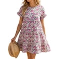 thumbnail image 1 of Floral Printed Womens Ruffles Boho Babydoll Loose Swing Casual Short Mini T-Shirt Dress, 1 of 4
