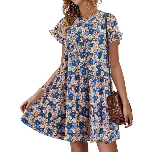 Floral Printed Womens Ruffles Boho Babydoll Loose Swing Casual Short Mini T-Shirt Dress