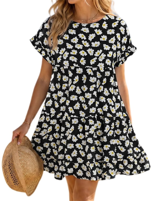 Floral Printed Womens Ruffles Boho Babydoll Loose Swing Casual Short Mini T-Shirt Dress