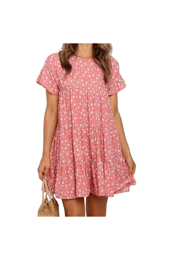 Floral Printed Women Ruffles Boho Babydoll Loose Swing Casual Short Mini T-Shirt Dress