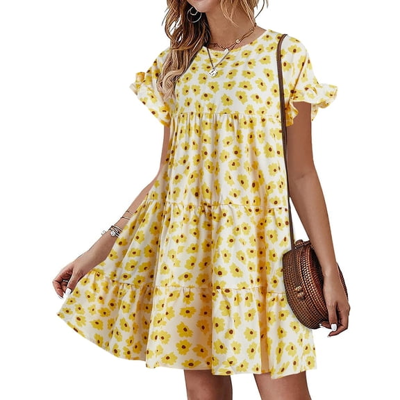 Floral Printed Womens Ruffles Boho Babydoll Loose Swing Casual Short Mini T-Shirt Dress
