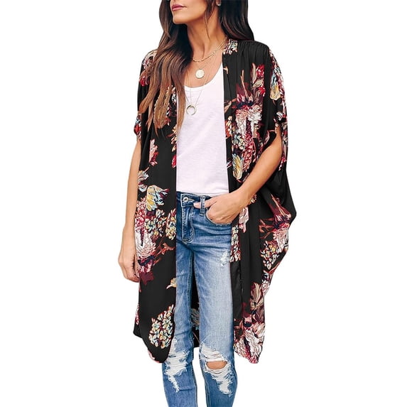 Floral Printing Women Open Front Irregular Casual Chiffon Cardigan Tops