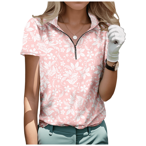 Floral Prints Half Zip T-shirt Women's Stand Collar Short Sleeve Casual Golf Shirt