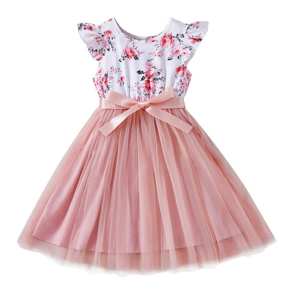 Dresses For Girls Short Sleeve Floral Prints Princess Dance Party Clothes Toddler Girls ,Size 3 Years-4 Years