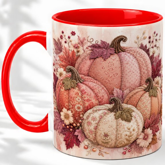 Floral Pumpkin 11oz Accent Mug, Ceramic Coffee Cup for Fall Glossy ceramic mug with double-sided floral pumpkin artwork for daily coffee, tea, or office use