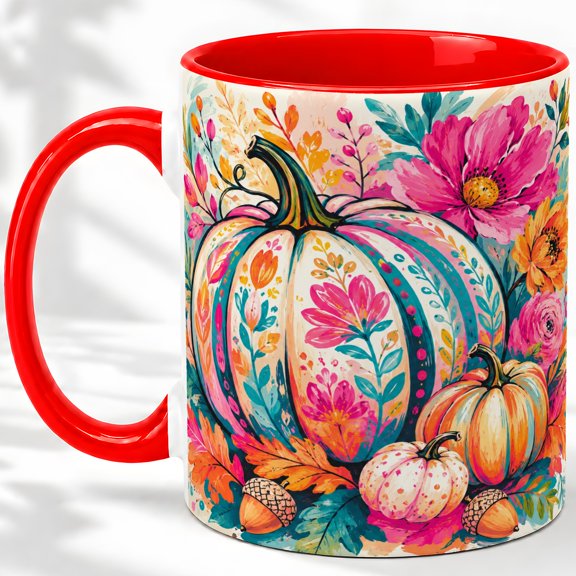 Floral Pumpkin 11oz Accent Mug, Ceramic Cup for Fall Glossy ceramic mug with double-sided floral pumpkin artwork for daily coffee, tea, or office use
