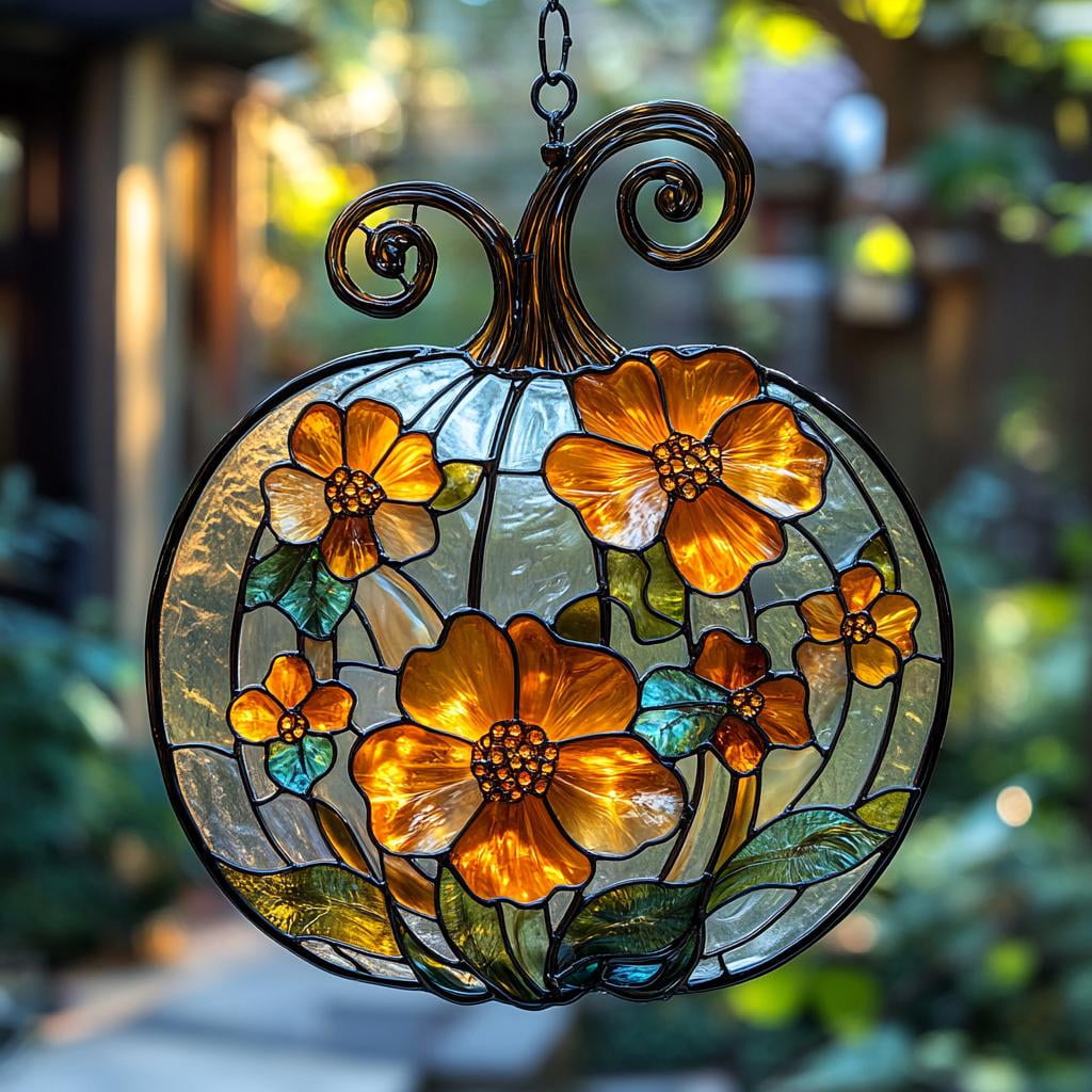 Floral Pumpkin Acrylic Suncatcher, Autumn Harvest Faux Stained
