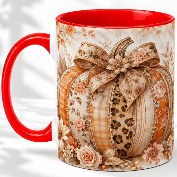 Floral Pumpkin Bow Accent Mug, 11oz Ceramic Coffee Cup for Fall Decor