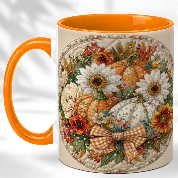 Floral Pumpkin Coffee Mug, Leopard Bow Mug, Ceramic 11 oz