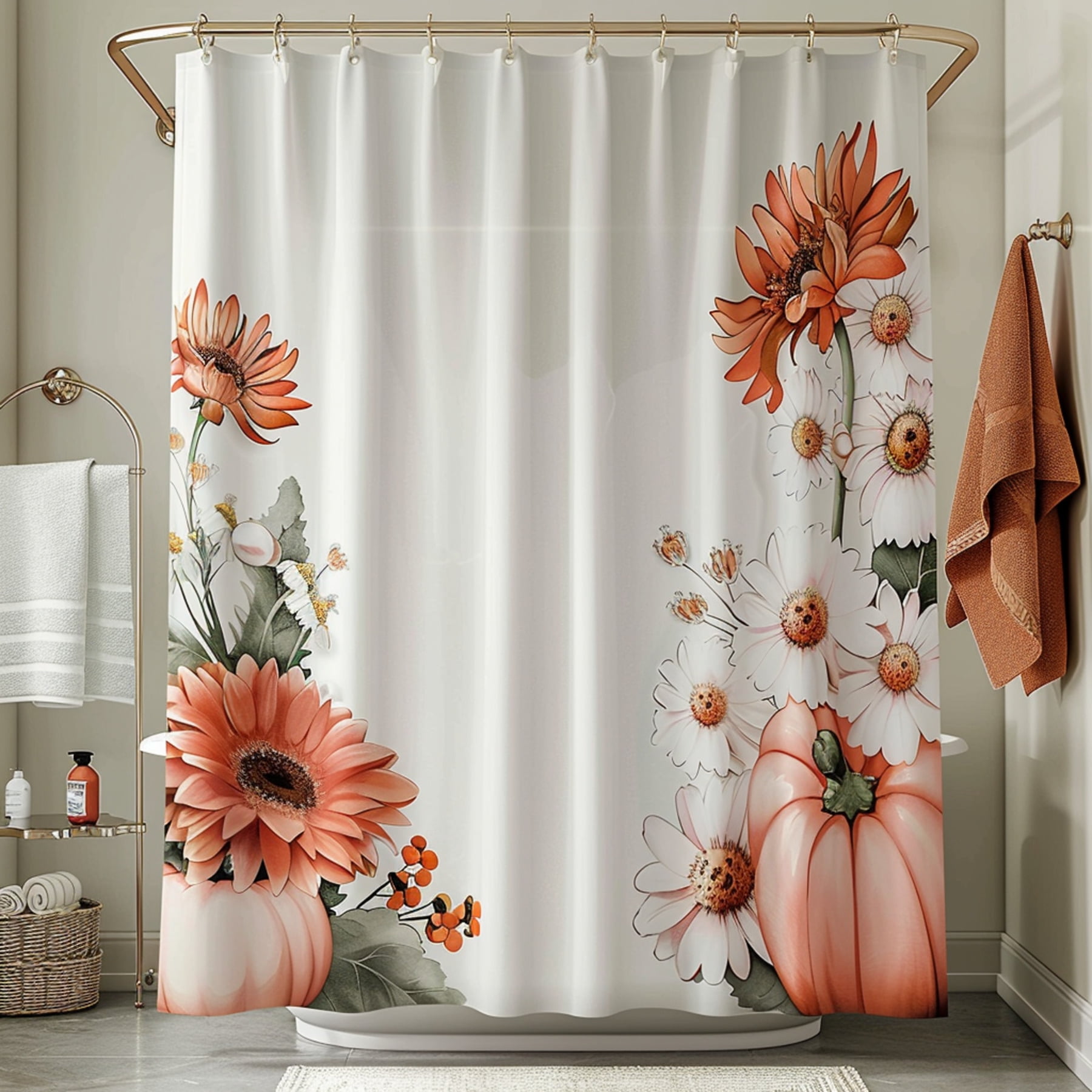 Floral Pumpkin Daisy Fall Shower Curtain Autumn Theme Watercolor Pastel