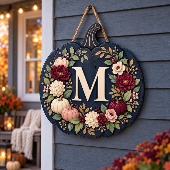 Floral Pumpkin Monogram Wooden Door Sign for Fall Housewarming Gift