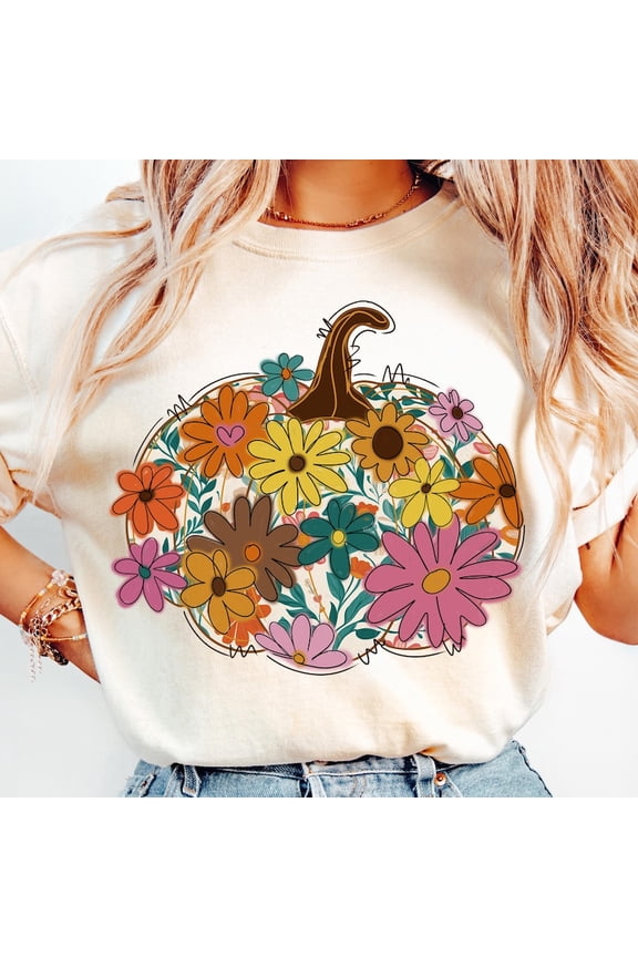 Floral Pumpkin Shirt, Boho Fall Pumpkin Shirt, Retro Autumn Flowers Shirt, Preppy Fall Brushstroke Shirt, Pumpkin Season Shirt
