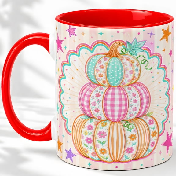 Floral Pumpkin Stack Accent Mug, 11oz Ceramic Coffee Cup for Fall Lovers Ceramic mug featuring floral pumpkin stack with gingham and polka dots for coffee or tea