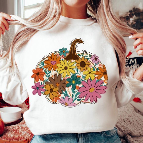 Floral Pumpkin Sweatshirt, Boho Fall Pumpkin Shirt, Retro Autumn Flowers Shirt, Preppy Fall Brushstroke Sweatshirt, Pumpkin Season Sweatshirt