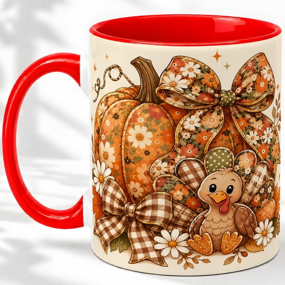 Floral Pumpkin Turkey 11oz Ceramic Mug, Thanksgiving Artwork Ceramic mug with large floral pumpkin, bows, cute turkey, daisies, and fall leaves for seasonal coffee or tea