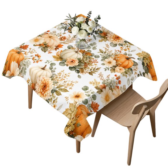 Floral Pumpkins Fall Table Cloth, Waterproof Tablecloth for Square Tables, Thanksgiving Eucalyptus Botanical Washable Fabric Table Cover for Restaurant Kitchen Dining Tables 60"x60"